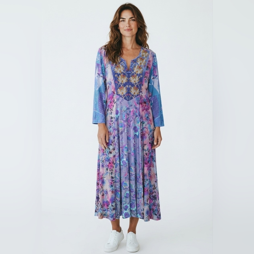 Soft Surroundings Blue Purple Beaded Embroidered Midi Dress Women's Size Small